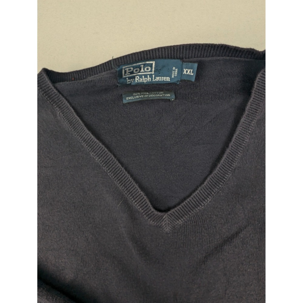 Polo Ralph Lauren Mens XXL Navy Blue Pima Cotton V-Neck Sweater Green Pony Logo - Picture 4 of 11